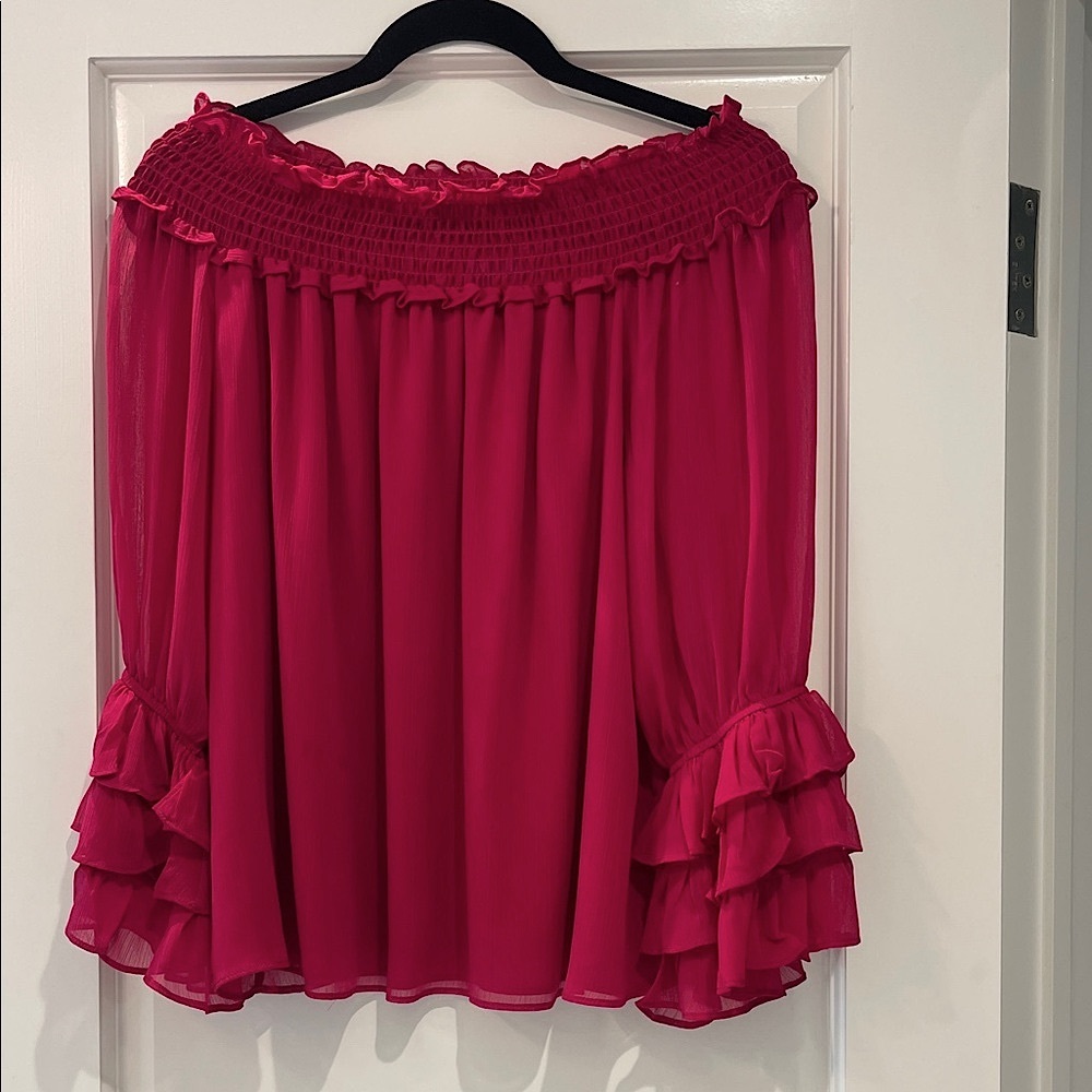 Magenta chiffon Off-Shoulder Blouse with ruffled sleeves